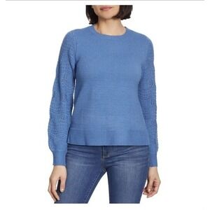 Christian Siriano Blue Pointelle Textured Puff Sleeve Sweater Women's Medium